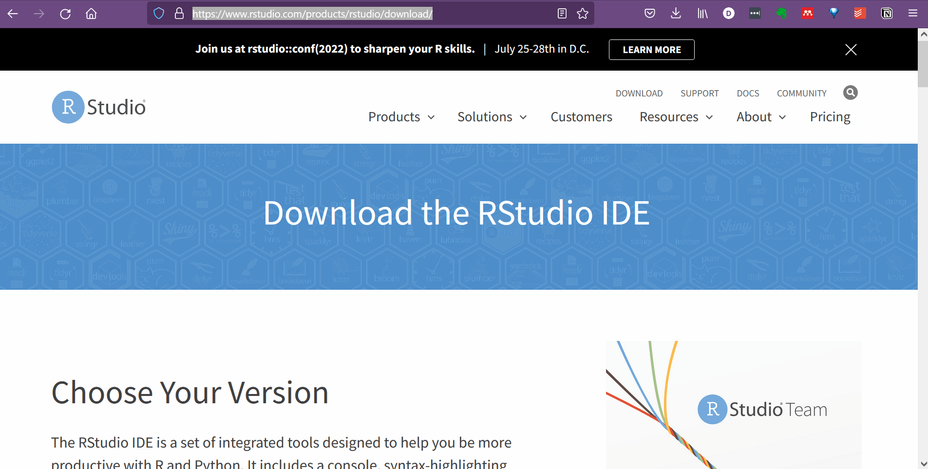 There are several RStudio versions, the free Desktop version is the one we need